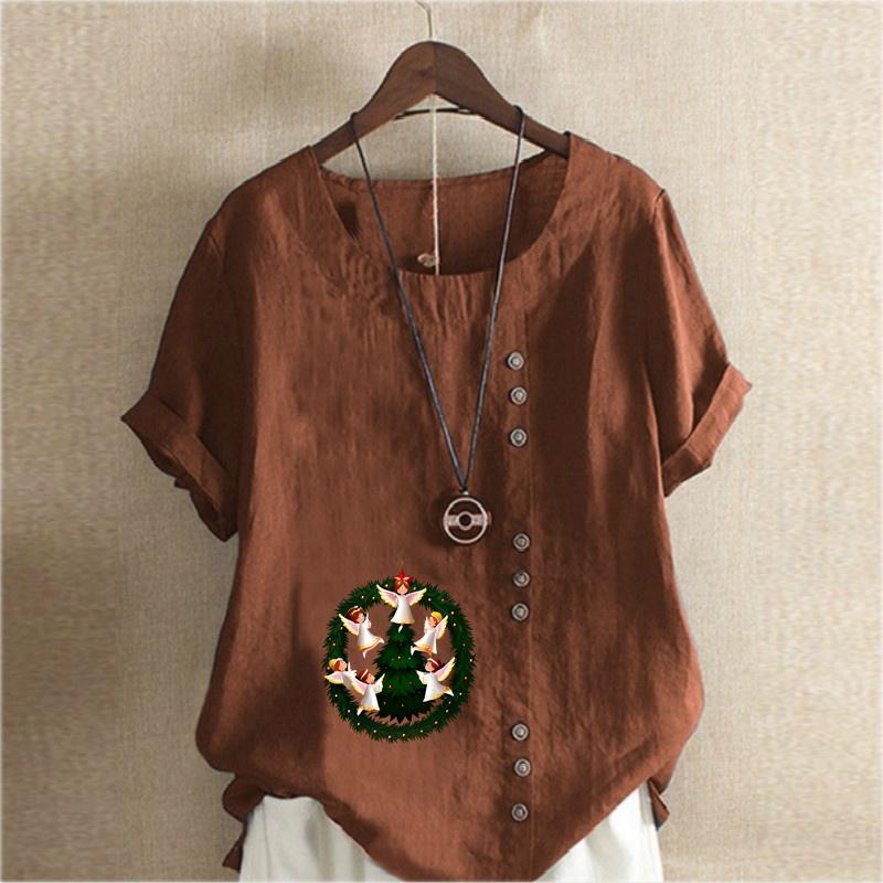 Women's Fashion Round Neck Short Sleeve T-shirt Casual Cotton Linen Graphic Shirt Leisure Loose Christmas Elves Prined Summer Blouse Tops