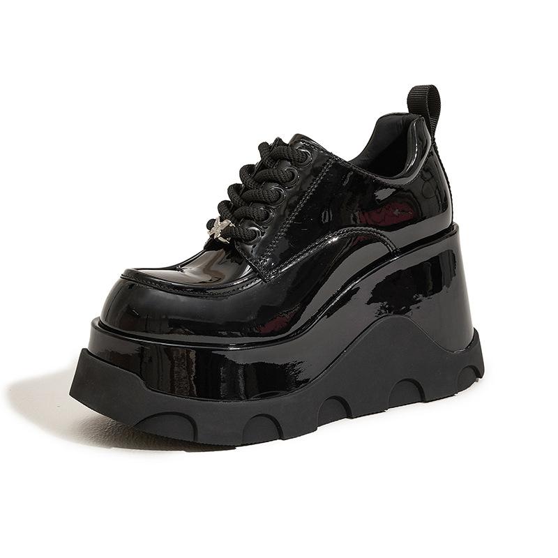 Plateau-Loafer Damen 2025 Frühling neu Keilabsatz schwarz 10CM erhöhend Damenschuhe vielseitig Britischer Stil kleine Lederschuhe