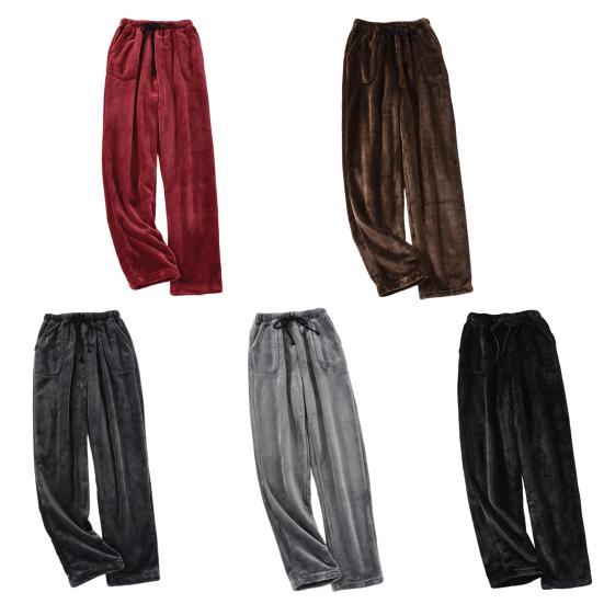 Men Homewear Pants Thicken Loose Solid Color Coral Fleece Elastic Waist Cold-proof Drawstring Loose Men Winter Pants for Camping