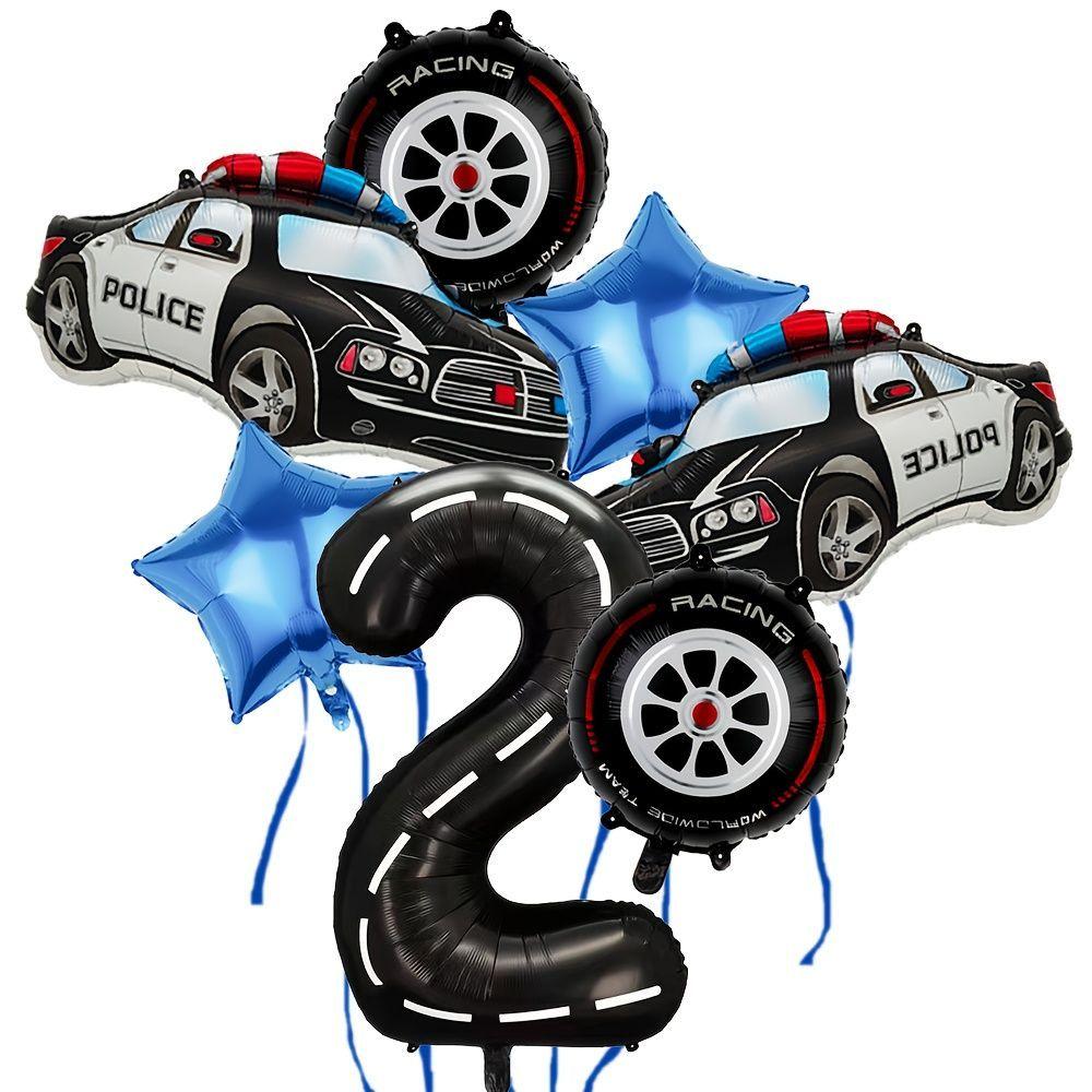 Police Car-themed Tire Digital Aluminum Film Balloon Set for Children's Birthday Party Racing Decoration