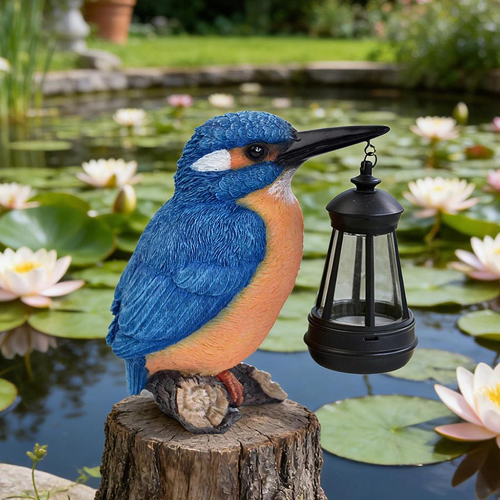Statues d'oiseaux pour l'extérieur Sculpture de Martin-pêcheur Bleu en Résine avec Lanterne Solaire Figurine d'oiseau d'extérieur Lumineuse pour Patio Pelouse Chemin