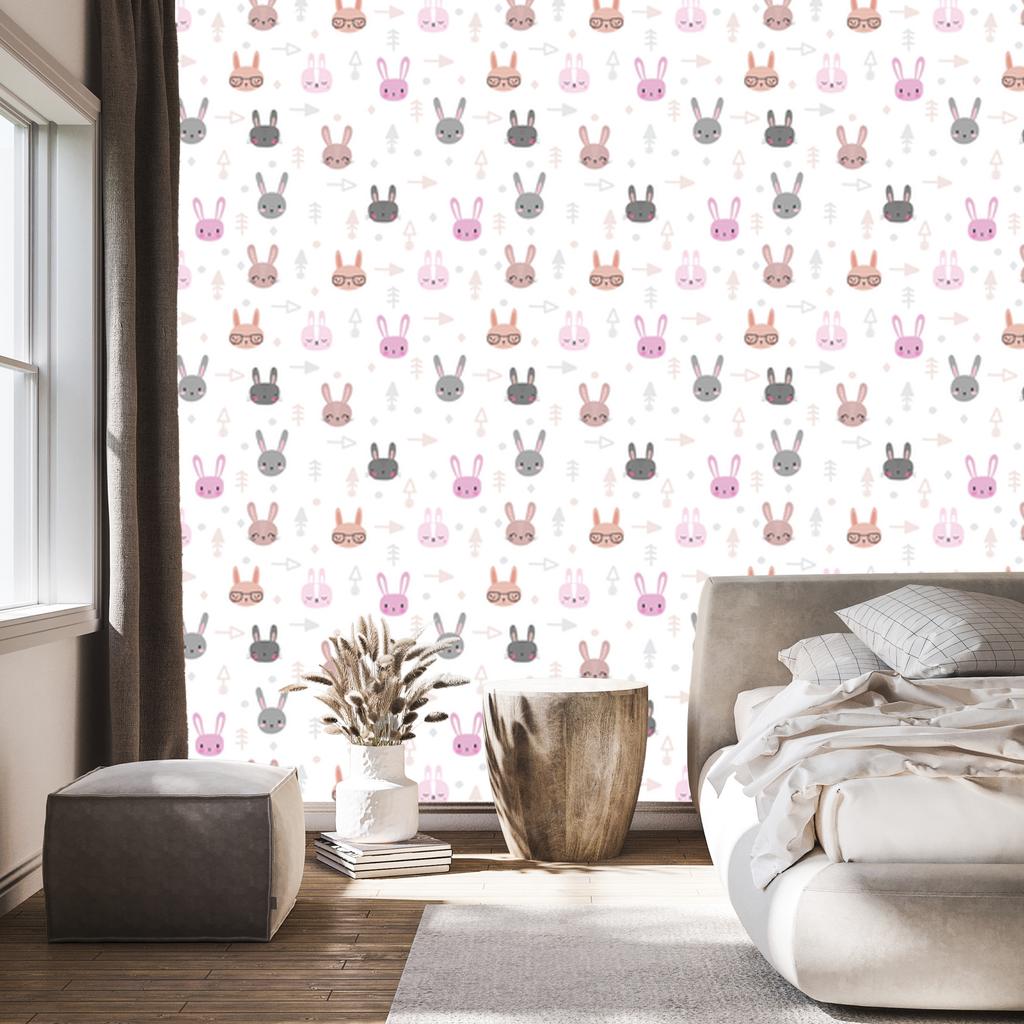 Wallpaper Little Rabbits On a White Background for the Living Room and Bedroom 50x1000