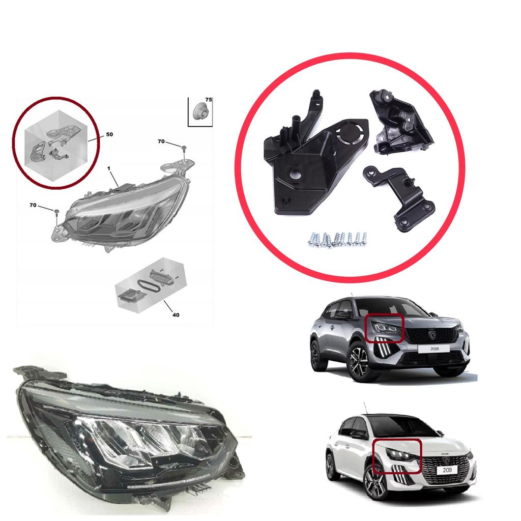 EHL581-2 Headlight Holder Mount Repair Bracket Tab Set Right Side for Peugeot 208 E-208 MK2 P21 2008 E-2008 MK2 P24 2019-On