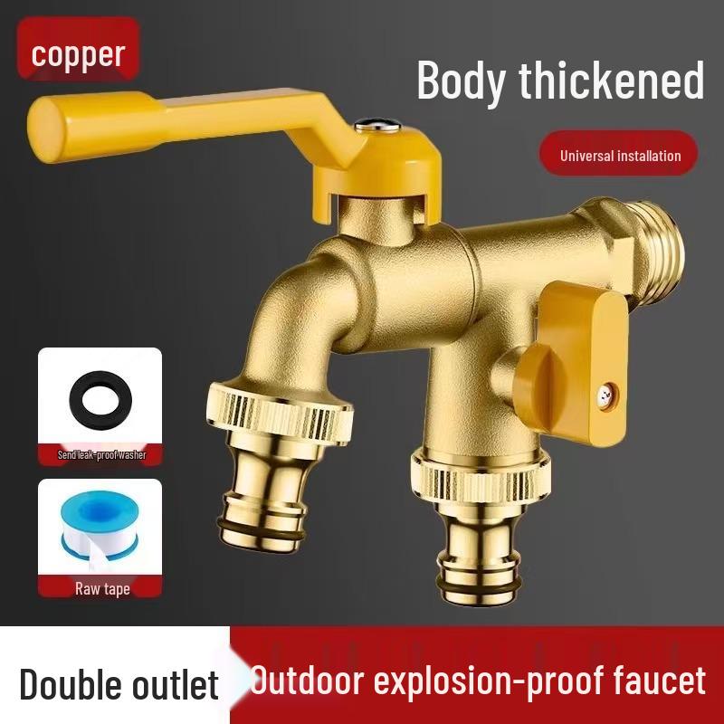 All-Copper Dual-Control Outdoor Anti-Freeze Faucet with Lock, Two-Outlets for Washing Machine and Courtyard Use.