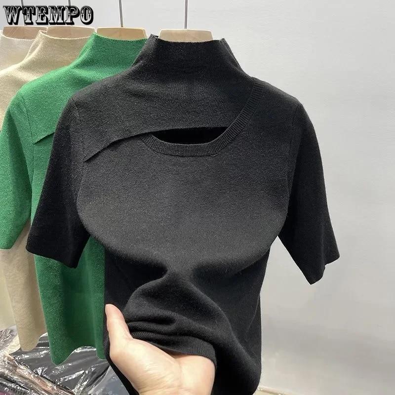 

Knitted Tshirt Women Short Sleeve Top Slim Thin Tees Summer Casual T Shirts 2026 Camisetas Mujer Korean Fashion Womens Clothing S чёрный