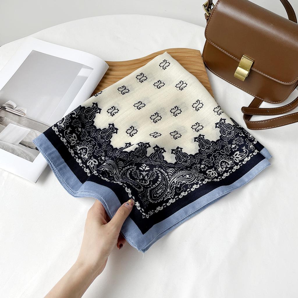 Old money style printed silk scarf retro brown scarf neck square scarf fashionable versatile herringbone pattern cotton and linen silk scarf