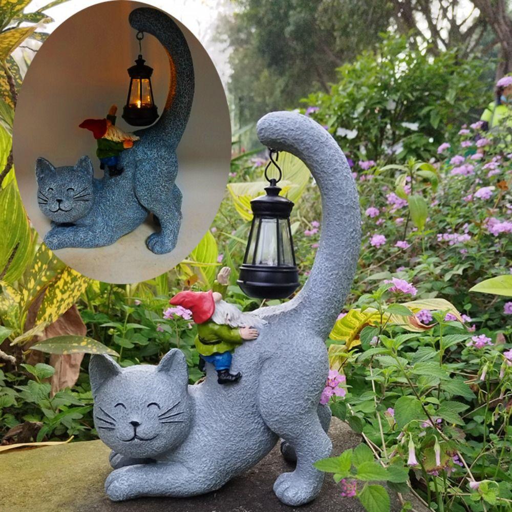 Resin Animal Statue Light Cute Garden Figurines Sculptures Lamp Cat Elf Solar Ornament  Outdoor
