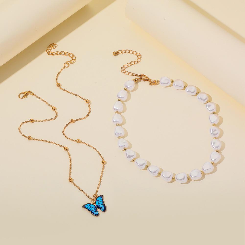 2 Pcs/set Women's Necklace Butterfly-shape Pendant All-match S Pearl Double-deck Necklace set