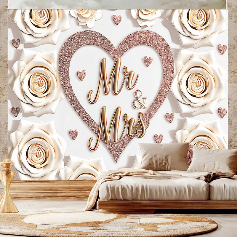 1pc Mr & Mrs Wedding Backdrop with Heart&White Roses,Party Banner for Weddings,Romantic Photo Background Decor,Wall Decor,Reusable Supplies