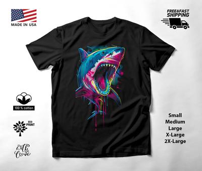 Great White Shark Neon Graphic T-Shirt Black Unisex S-2XL