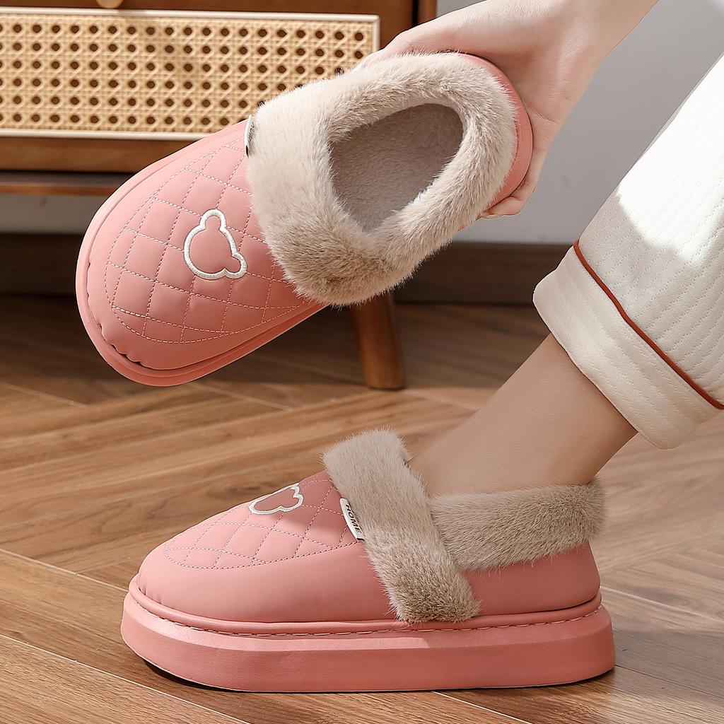 PU Waterproof Cotton Slippers Winter Bag Heel 2025 New Home Indoor Thick-soled Velvet Thermal Cotton Shoes