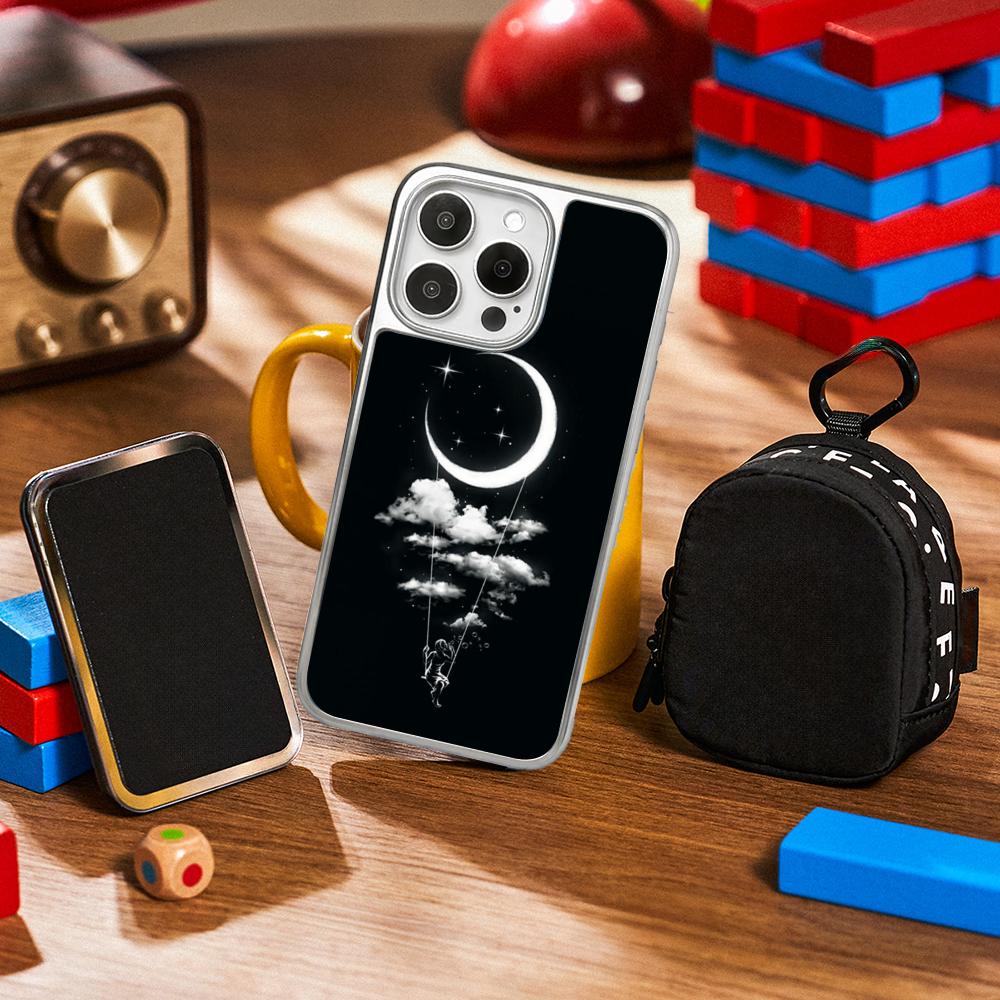 Moon Fashion Art Pattern Design Ins Phone Case for iPhone 16 15 14 13 12 11 Pro Max Sheepskin Silver-edged Protective Case
