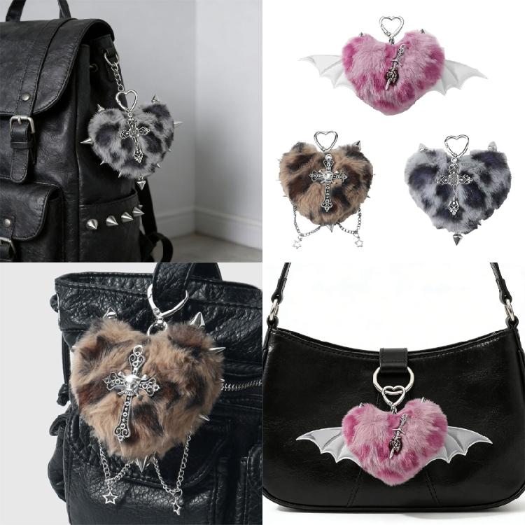 Unique Y2K Themed Fuzzy Keychain With Winged Heart Charm Delicate Keyrings Pendant Accessory For Bags And Keys