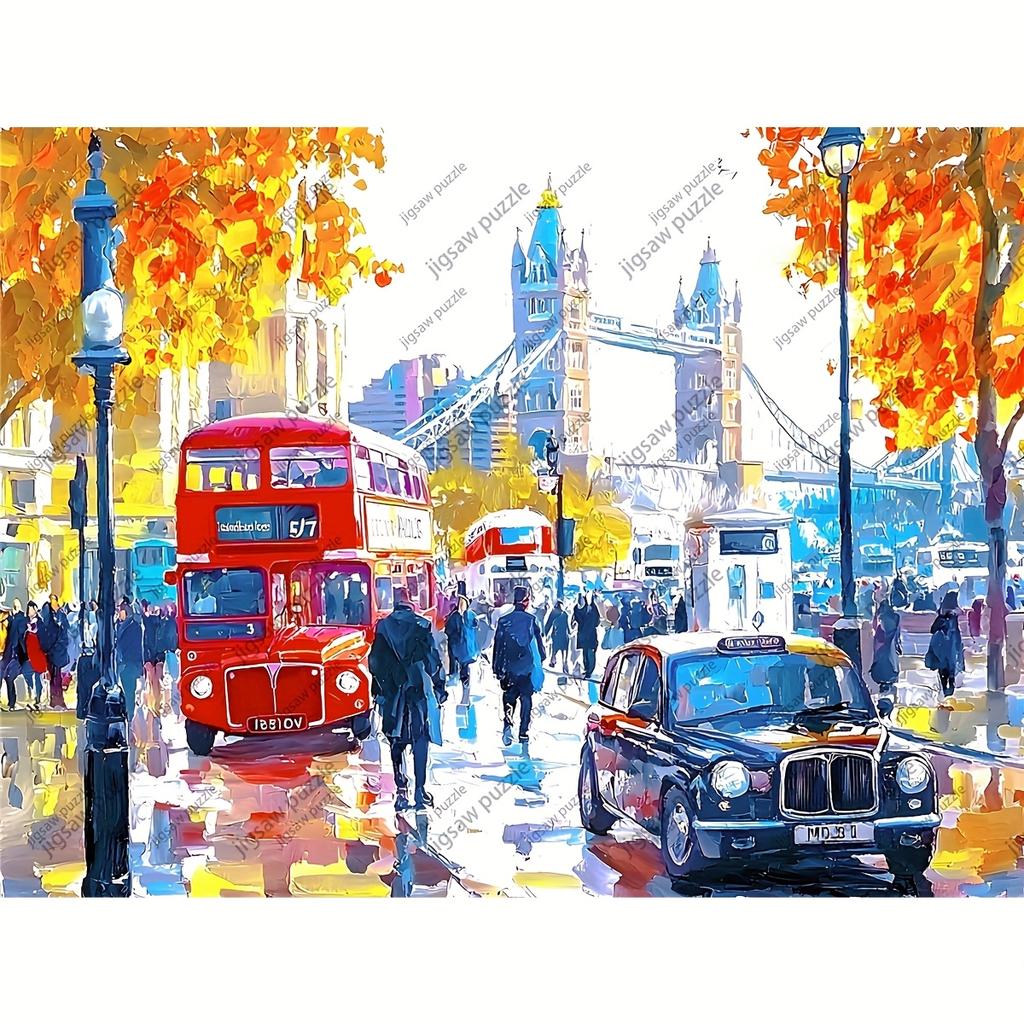 2000/1314/1000//520pcs Jigsaw Puzzles for Adults - Vibrant London Street Scene with Big Ben & Red Bus, High-Quality Paper, Por