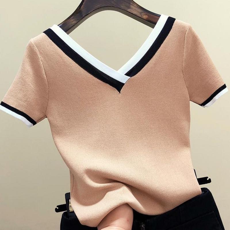 V-ausschnitt Kurzarm Gestreiftes Gestricktes Hemd Frauen Kontrast Farbe 2023 Sommer Tops Shirt Koreanische Kleidung Femme 13362