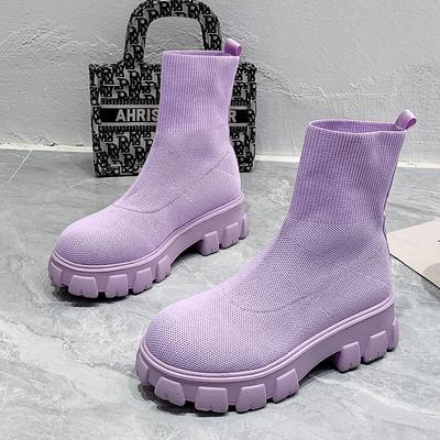 Winter High Tube Flyknit Sports PU Leather Boots For Women Cross-Border Large Size One Step Sock Boots 35-43