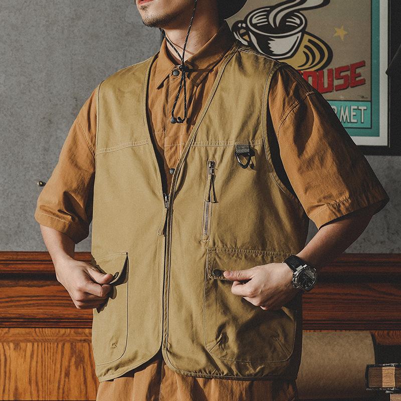 Men's Retro Workwear Vest, Outdoor Camping Sports Jacket, Multi-pocket Vest, and Waistcoat