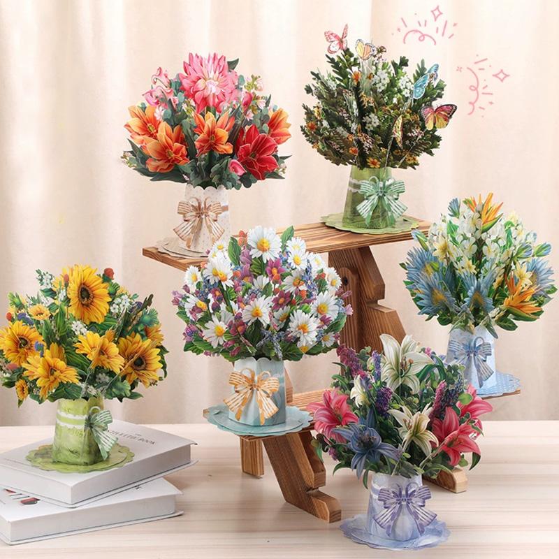 Premium 3D Pop Up Flower Bouquet Card Mothers Day Present Valentines Day Anniversary Birthday Greeting Cards Thank You Wishes Gifts
