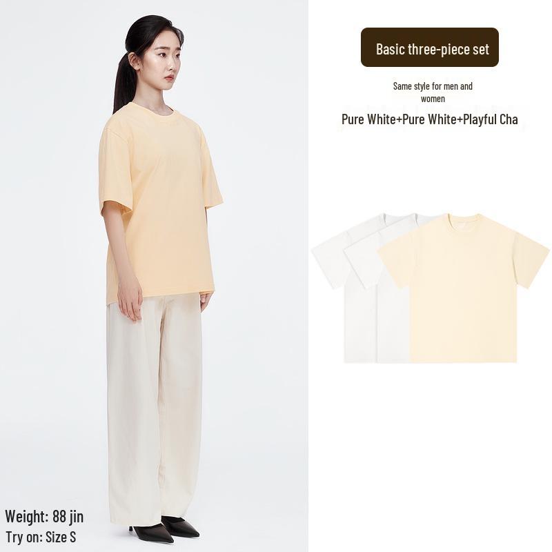 Aesthetics of Cotton: Unisex Summer Heavyweight Pure Cotton Three-Piece Short Sleeve T-Shirt Set, Basic Solid Colors