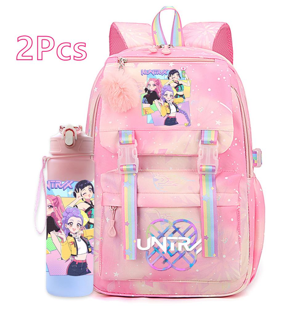 2Pcs/set Anime Cartoon Kpop Printed Backpack with 750Ml Water Bottler Large Capacity Travel Bag for Teenager Girl Boy Bookbag Kid Gift Rucksak