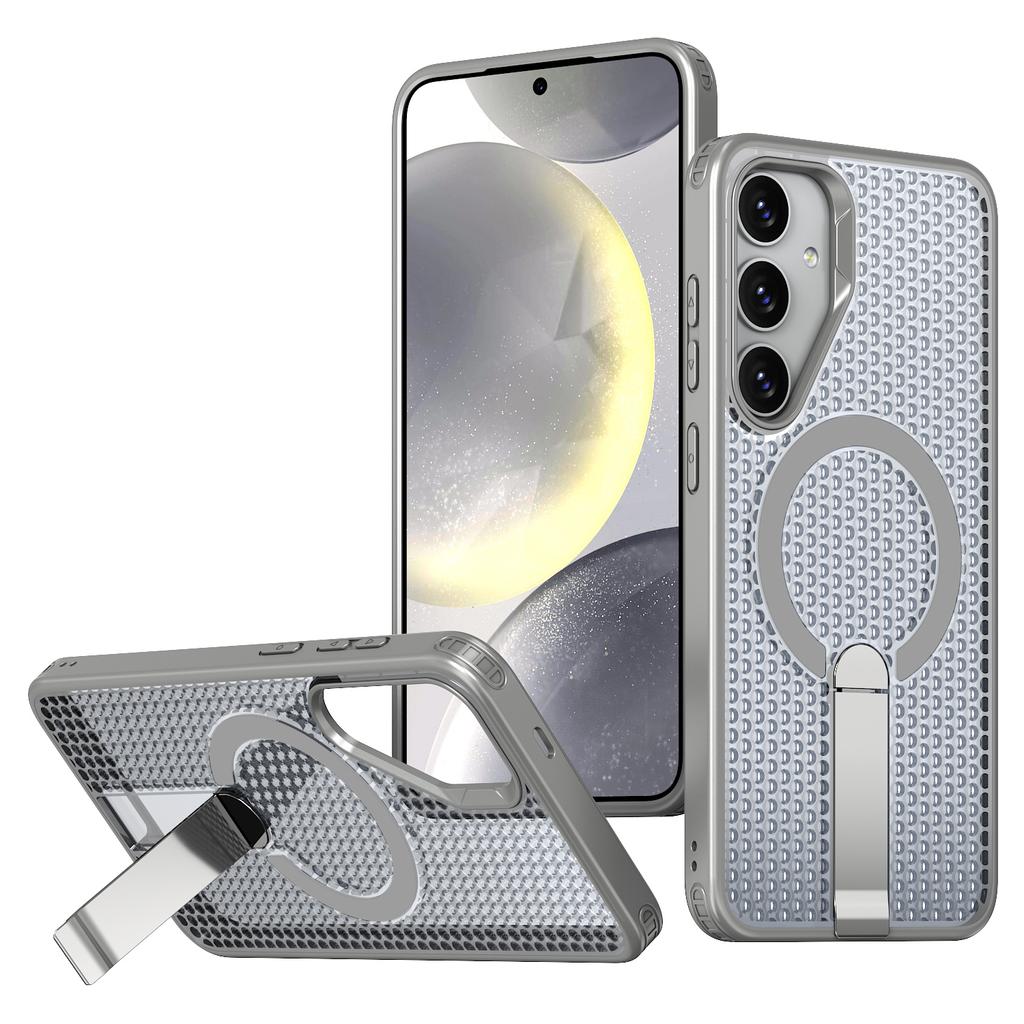 For Samsung Galaxy S25 Magnetic Case Kickstand Grid Texture TPU PC Phone Back Cover