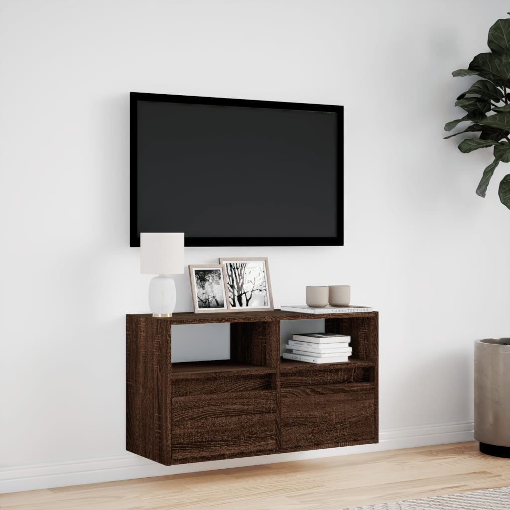 Wall Mounted TV Cabinet with LED Lighting Brown Oak Effect 80 x 31 x 45 cm