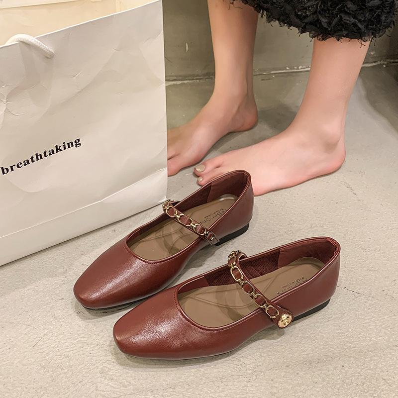 French Retro Chain Mary Jane Shoes for Women Spring Temperament Shallow Square Toe Single Strap Flat Shoes 35 3098₽
