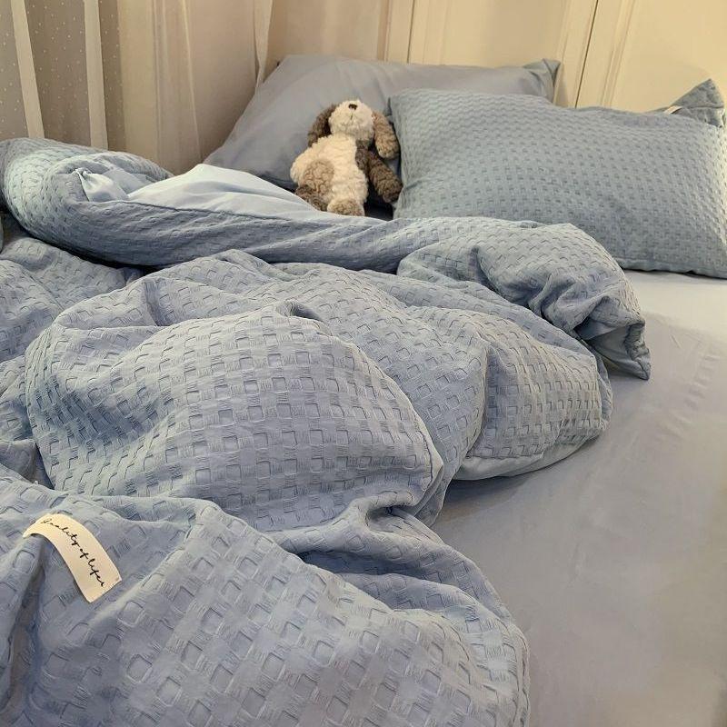 Bedding Set Luxury High Grade Light Washable Cotton Waffle Four Piece Olive Green Quilt Cover Bed Sheet Dormitory Three Piece