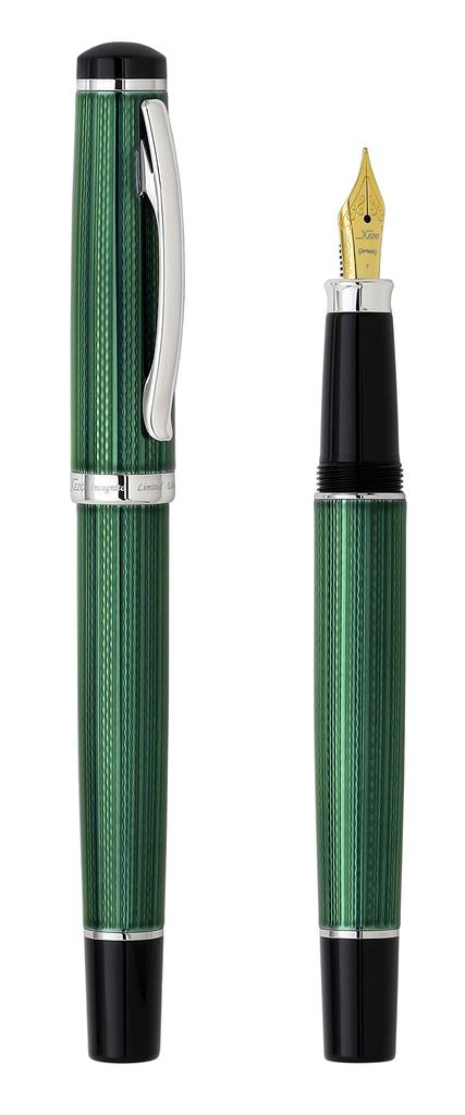 Xezo Incognito Fountain Fine Forest Green Layered Pure Platinum Handcrafted Guilloche Limited Edition Pen, Nib, Lacquer, Plated, & Stamped,