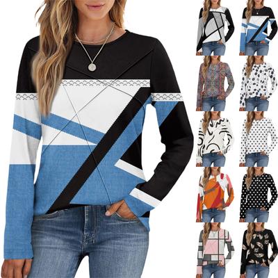 Mode Damen Langarm Rundhals Lässig Plissiert Retro Geometrischer Druck Lockeres Oberteil