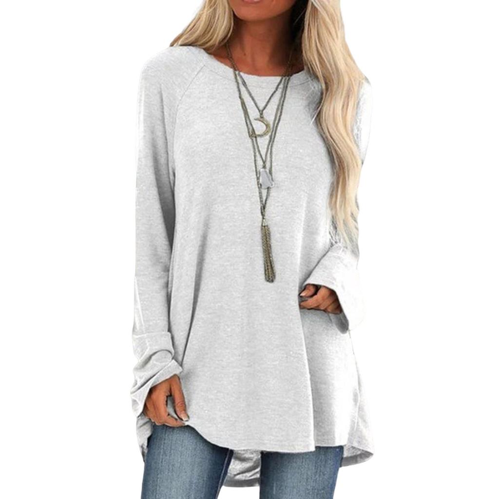 Yousheng Women Tops Round Neck Long Sleeve Loose Fit Solid Color Tunic Top Casual Shirt with Hip Coverage Length