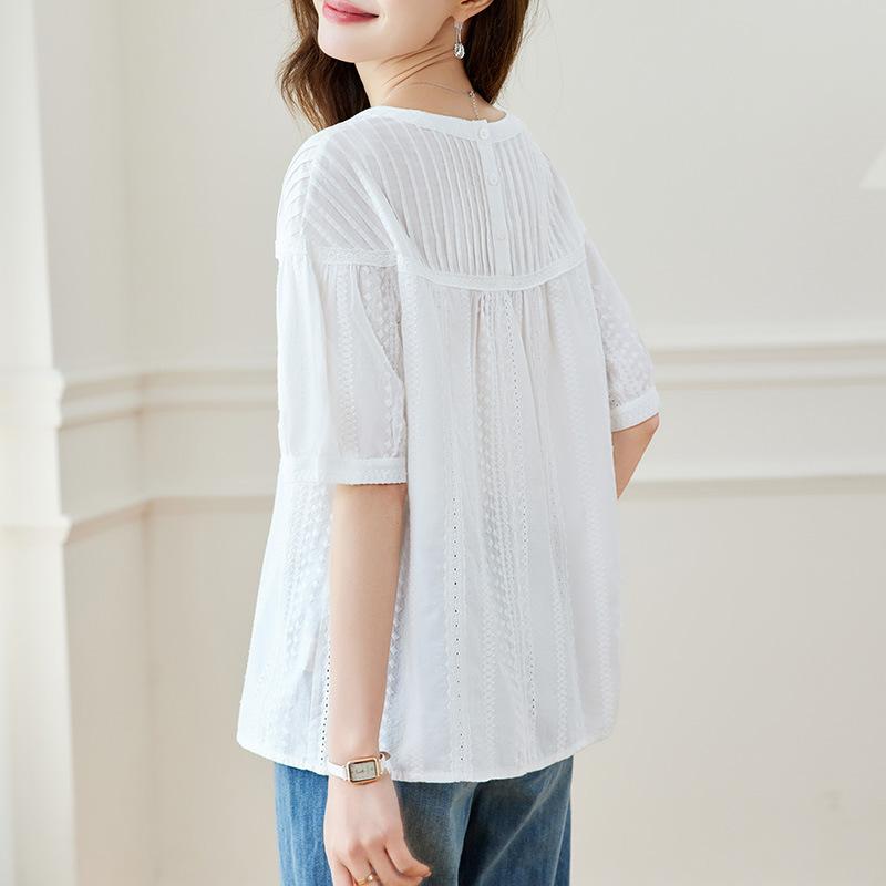 Aktualisiertes Baumwoll-Oberteil für Damen Aktualisiertes besticktes Stoff-Falten-Kurzarm-Oberteil für Damen Pendler-Chic-Oberteil für Damen