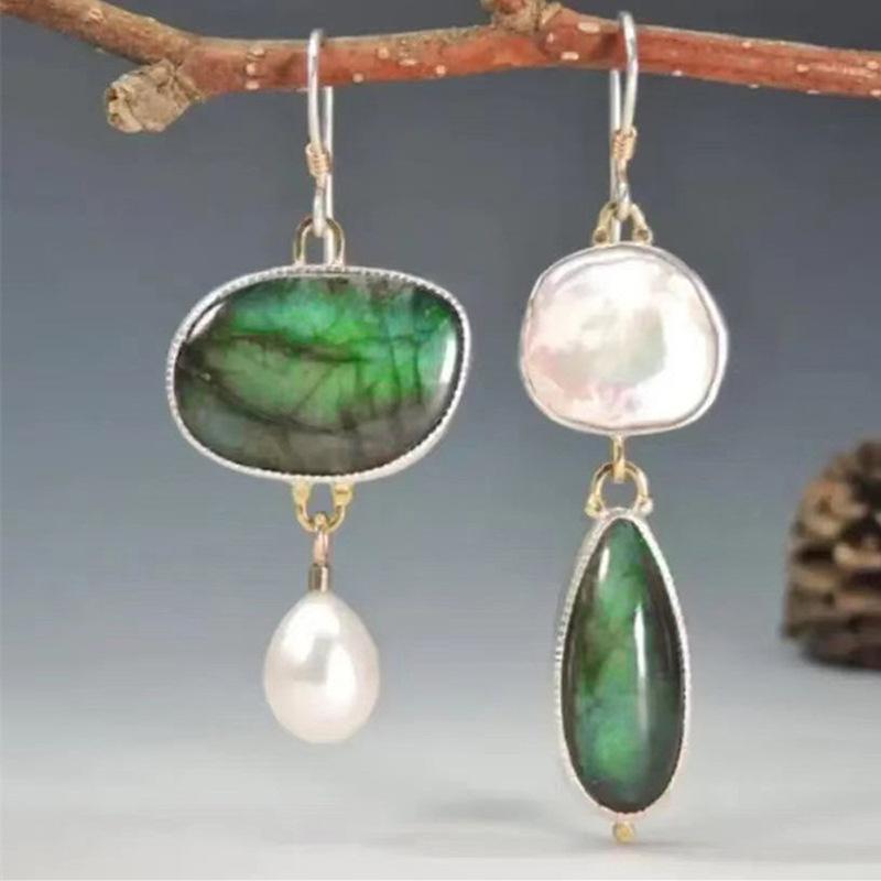 Asymmetric dangling earrings, women s mismatched earrings made of natural turquoise and Baroque pearls, Bohemian handmade jewelry gifts