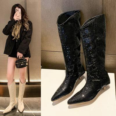 Pointed Toe Long Boots for Women Autumn Winter  New Sequined Shiny Sexy Mid Calf Boots Kitten Heel Boots Bling Knight