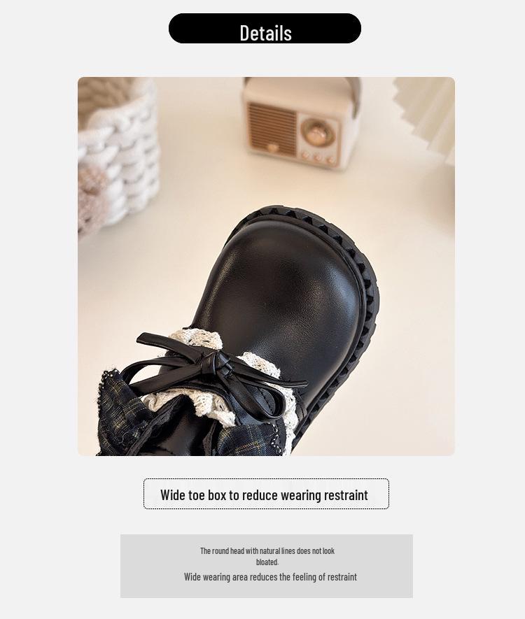 Kore Retro Kız Çocuk Siyah Kışlık Deri Ayakkabı 2025: Lolita Bebek Fiyonklu Pamuklu Kısa Botlar