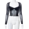 Moda Dantela Trim Mesh Crop Tops Anii 90 Estetică Mozaic Gât pătrat Mânecă lungă Alb Sexy Tricouri de vară