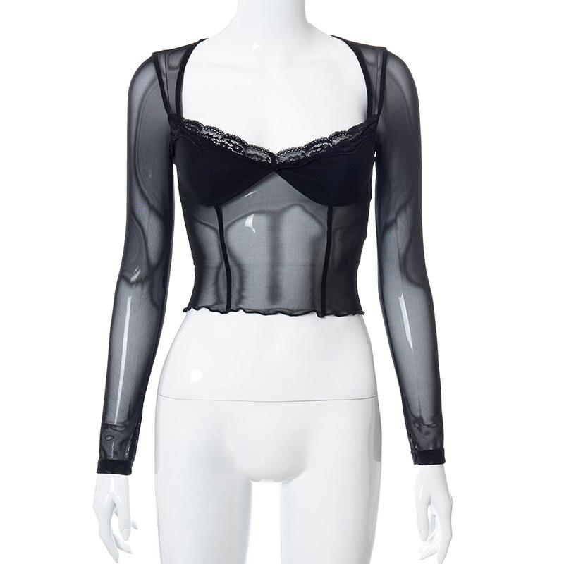 Moda Dantela Trim Mesh Crop Tops Anii 90 Estetică Mozaic Gât pătrat Mânecă lungă Alb Sexy Tricouri de vară