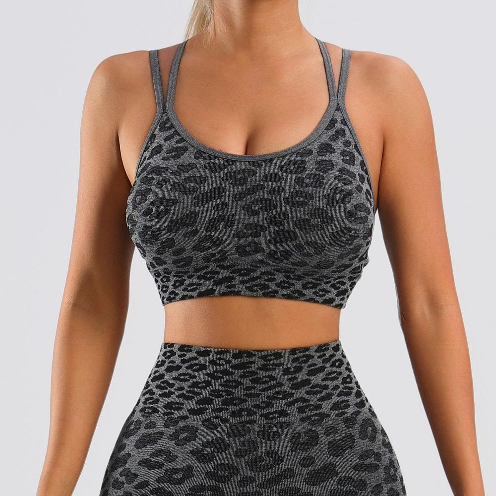 Damsport-BH med sömlös stretch, leopardmönster, push-up, för yoga, sexig korsrygg, med vadderad kupa