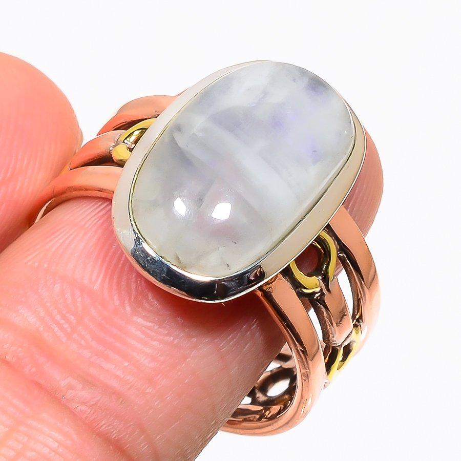 Natürlicher Regenbogen-Mondstein Zweifarbig 925 Sterlingsilber Schmuckring Gr. 10.5 w0W52