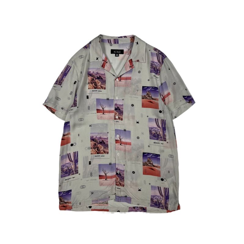 European and American Single Men Summer Rayon Shirt American Casual Loose Thin Cuban Collar Vintage Print Short Sleeves Shirt