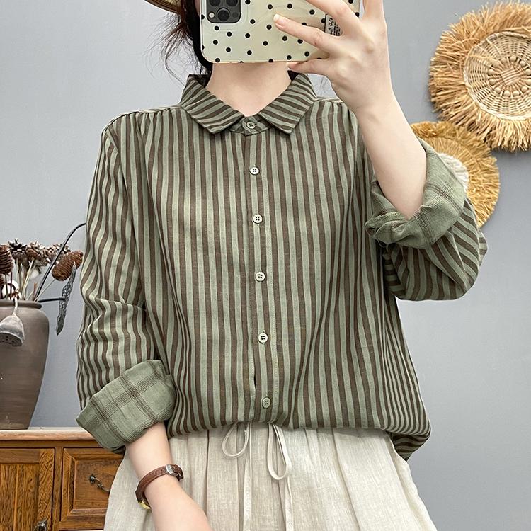 Женская хлопковая полосатая рубашка с длинным рукавом, двухслойная - Мягкая, приятная для кожи, дышащая, высокое качество, свободный крой L (130-150 jin)