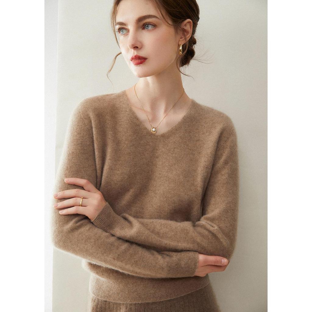 Women's Pure Cashmere V-Neck Pullover Sweater - Knitted, Simple, Versatile Layer