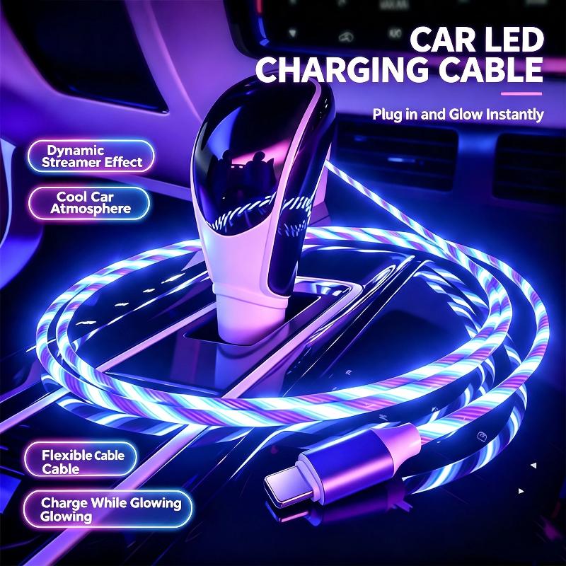 USB Fast Charging Cable LED Flowing Light Effect Waterproof Durable Cord for Car Outdoor Camping Phone Charge