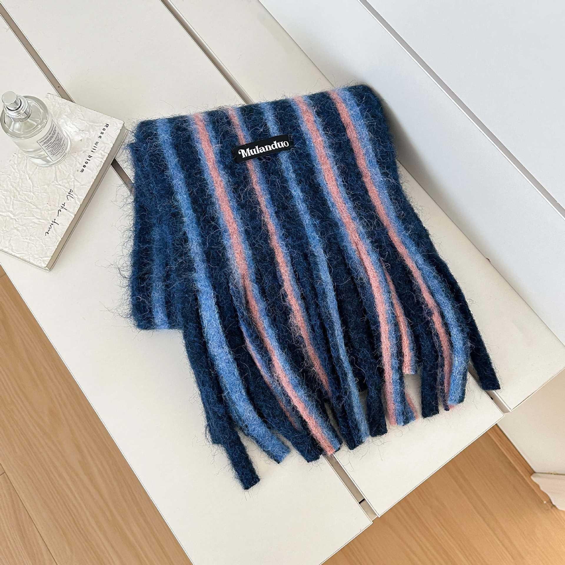 

College Style Striped Knitted Scarf for Women in Autumn and Winter Thick and Warm Versatile Tassel Shawl 180*23cm+18*2