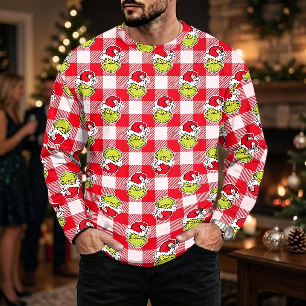 Men's Plus Size Loose Fit Casual Neck Long Sleeve T-Shirt with Christmas Print for Fall and Winter