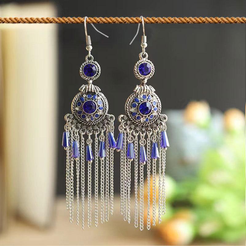 Exotic Style Round Compass Long Chinese Style Earrings Women'S Retro Fringed Temperament Earrings