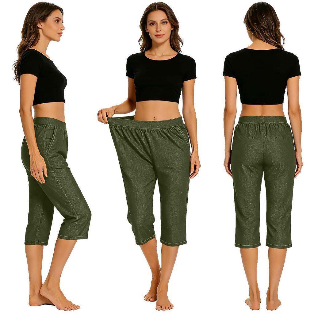 Women's Fashionable Color Elastic Waist Pocket Casual Cropped Pants