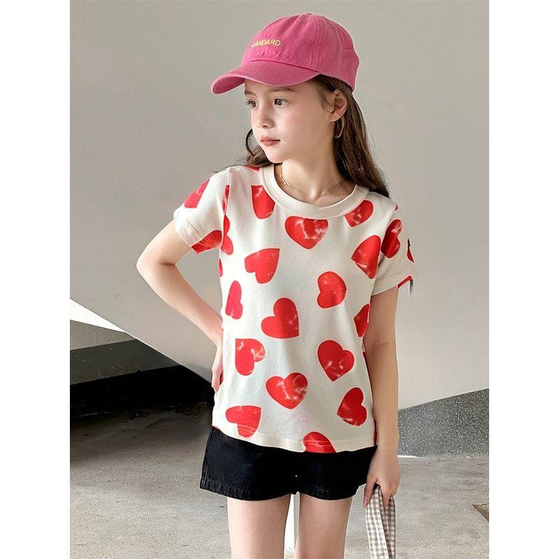 Brand Foreign Trade Children's Clothing Short-Sleeve Pure Cotton Heart-Printed Round-Neck T-Shirt Baby Clothes for Girls 2026 Summer