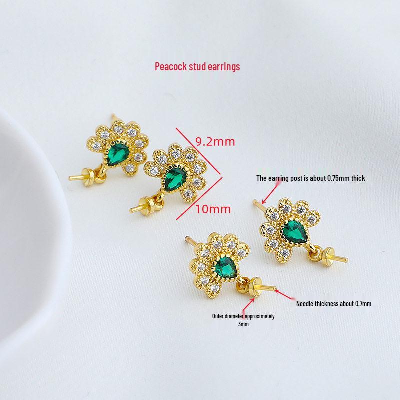 18K Gold-Plated Peacock Ear Hook & Pendant Set with Pearl Base and Zirconia Studs - DIY Earring Accessories