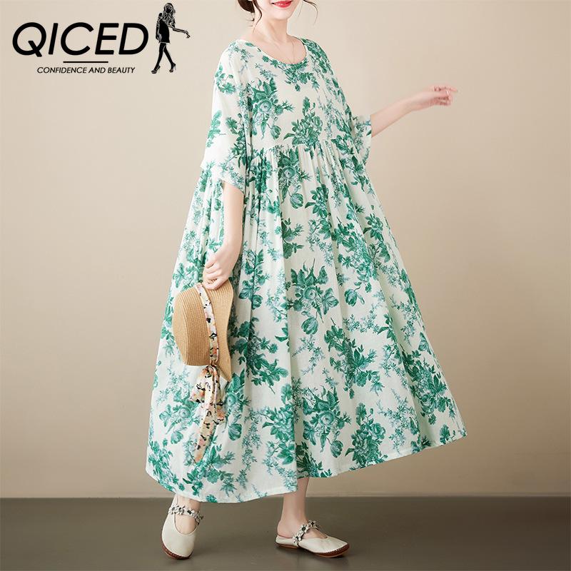 

QICED Простое художественное пасторальное маленькое свежее летнее свободное утягивающее бохо платье с коротким рукавом для женщин Uniform size зелёный